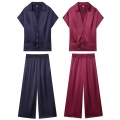Women's Elegant Satin Silk-Like Short Sleeve V-Neck Shirt And Wide Leg Pants Two Piece Set Casual Loose Streetwear Loungewear Suit With Waist Tie