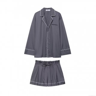 Women's Casual Long Sleeve Piping Poplin Shirt And Paperbag Waist Shorts Loungewear Set Solid Color Loose Two Piece Home Wear For Women