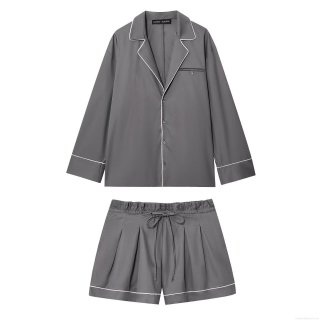 Women's 2 Piece Pajamas Set Contrast Piping Long Sleeve Button Down Shirt and Drawstring Waist Shorts Loungewear Set Home Wear