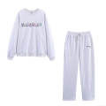 Women's Casual Grey Sweatshirt and Sweatpants Set Manhattan USA Letter Print Long Sleeve Crew Neck Loungewear Jogger Set Cotton Blend 2 Piece Outfit