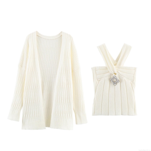 Women's 2 Piece Knit Set Long Sleeve Ribbed Cardigan And Rhinestone Brooch Cross Halter Camisole Casual Solid Color Soft Knitted Outfits