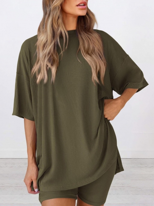 Women's Two-Piece Loungewear Set Oversized Ribbed Knit Round Neck Short Sleeve T-Shirt And High Waist Cycling Shorts Casual Summer Sporty Home Outfit