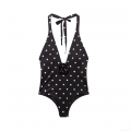 Women's One Piece Swimsuit Vintage Polka Dot Halter Neck Bathing Suit With 3D Rose Flower Sexy Deep V-Neck Slim Fit Beachwear Monokini