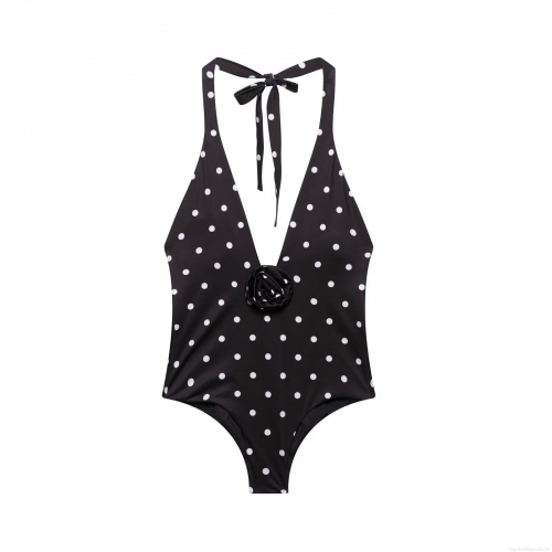 Women's One Piece Swimsuit Vintage Polka Dot Halter Neck Bathing Suit With 3D Rose Flower Sexy Deep V-Neck Slim Fit Beachwear Monokini