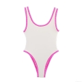 Women's One Piece Swimsuit White Pink Contrast Scalloped Trim High Stretch Beach Swimwear Summer Vacation Bathing Suit For Women