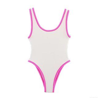 Women's One Piece Swimsuit White Pink Contrast Scalloped Trim High Stretch Beach Swimwear Summer Vacation Bathing Suit For Women