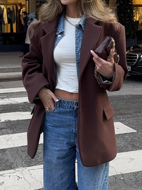 Women's Elegant Slim Fit Blazer Jacket Solid Color Single Breasted Lapel Long Sleeve Suit Coat With 96% Polyester 4% Elastane For Office Casual Workwear Autumn Winter