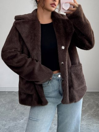 Women's Elegant Faux Fur Polyester Coat Solid Color Lapel Long Sleeve Outerwear Warm Loose Fit Winter Jacket With Pockets For Women