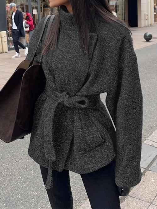 Women's Elegant Mid-Length Tie-Waist Coat Polyester Viscose Blend Long Sleeve Lapel Jacket Elegant Ladies Fashion Outerwear Autumn Winter Casual Overcoat