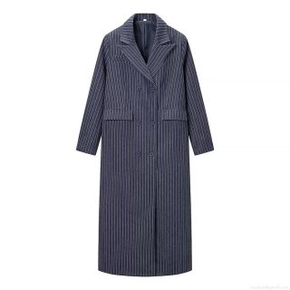 Women's Long Double Breasted Striped Woolen Coat British Style Notched Lapel Overcoat Loose Fit Warm Outerwear For Autumn Winter Fashion Stripes