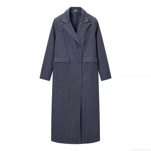 Women's Long Double Breasted Striped Woolen Coat British Style Notched Lapel Overcoat Loose Fit Warm Outerwear For Autumn Winter Fashion Stripes