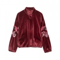 Women's Vintage Floral Phoenix Embroidered Velvet Jacket Casual Streetwear Loose Fit Zipper Up Long Sleeve Bomber Jacket Coat Autumn Winter Outwear