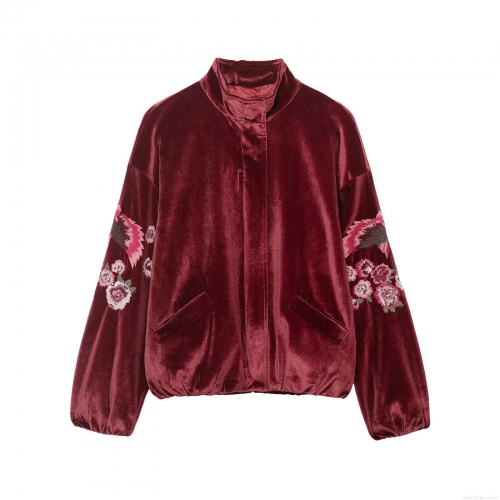 Women's Vintage Floral Phoenix Embroidered Velvet Jacket Casual Streetwear Loose Fit Zipper Up Long Sleeve Bomber Jacket Coat Autumn Winter Outwear