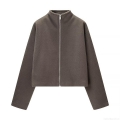 Women's Casual Fleece Zip Up Jacket Solid Color Stand Collar Short Coat Long Sleeve Loose Streetwear Outwear for Autumn Winter Comfortable Jacket