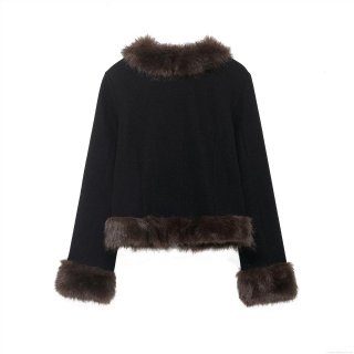 Women's Short Faux Fur Patchwork V-Neck Jacket Slim Fit Polyester Warm Coat Winter Streetwear Outerwear