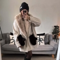 Women's Elegant British Style Woolen Coat With Faux Fur Collar Double Breasted Long Sleeve Loose Winter Overcoat Outerwear For Women