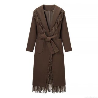 Women's British Style Long Overcoat With Tassel Trim And Belt Lapel Elegant Autumn Winter Coffee Color Woolen Feel Fashion Outerwear For Ladies