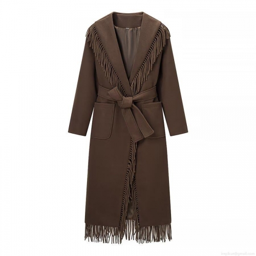 Women's British Style Long Overcoat With Tassel Trim And Belt Lapel Elegant Autumn Winter Coffee Color Woolen Feel Fashion Outerwear For Ladies