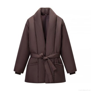 Women's Loose Fit V-Neck Puffer Jacket Solid Color Belted Warm Winter Coat Casual Mid-Length Polyester Quilted Outerwear With Large Pockets Deep Brown