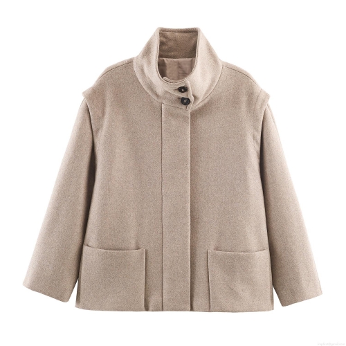 Women's Elegant Solid Color Woolen Coat Loose Fit Stand Collar Single Breasted Jacket Winter Autumn Warm Commute Office Polyester Blend Long Sleeve Outerwear With Pockets