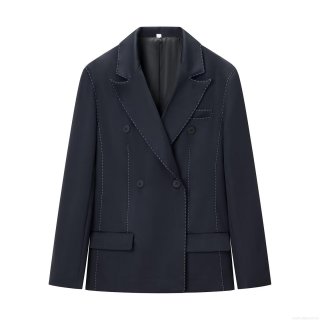 Women's Elegant Navy Blue Blazer With Contrast White Stitching Notched Lapel Single Breasted Long Sleeve Suit Jacket For Office Commuting Ladies Outerwear