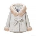 Women's Elegant Hooded Woolen Coat With Faux Fur Collar And Cuffs Autumn Winter Solid Color Loose Long Sleeve Jacket With Bow Tie Belt For Daily Wear