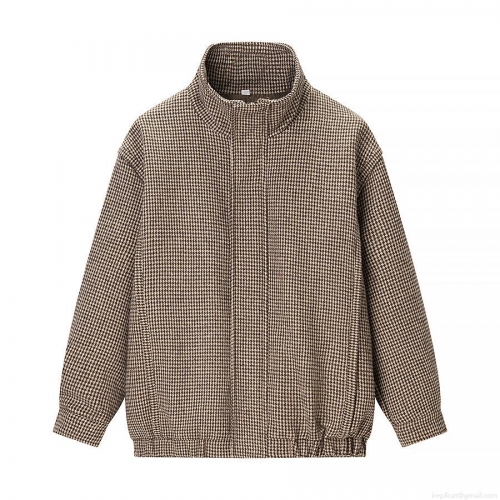 Women's Vintage Houndstooth Stand-up Collar Zipper Jacket Loose Thick Outerwear For Winter Casual Streetwear Ladies Brown Plaid Fashion Coat