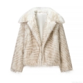 Women's Luxury Faux Fur Short Jacket Lapel Collar Horizontal Striped Plush Coat Winter Warm Streetwear Outwear Polyester Furry Jacket Cream White