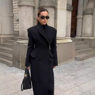 Elegant British Style Women's Long Woolen Coat Slim Fit Notch Lapel Single Breasted Solid Color Autumn Winter Warm Overcoat Polyester