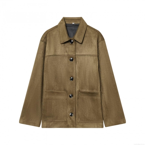 Women's Faux Suede Jacket Vintage French Style Lapel Single Breasted Loose Outerwear For Daily Casual Street Wear
