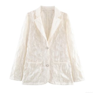 Women's Elegant Floral Jacquard Lace Blazer Slim Fit Long Sleeve Jacket With Pearl Buttons For Office Party Daily Casual Ladies Outerwear