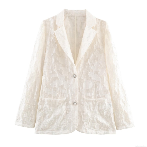 Women's Elegant Floral Jacquard Lace Blazer Slim Fit Long Sleeve Jacket With Pearl Buttons For Office Party Daily Casual Ladies Outerwear