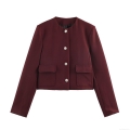 Elegant Women Wine Red Short Blazer Round Neck Polyester Jacket With Silver Metal Buttons Flap Pockets Office Casual Vintage Style Autumn Outerwear