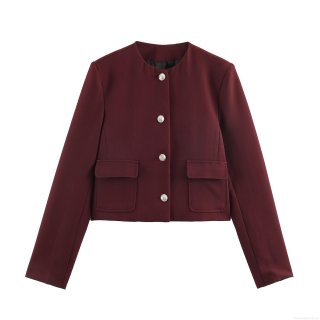 Elegant Women Wine Red Short Blazer Round Neck Polyester Jacket With Silver Metal Buttons Flap Pockets Office Casual Vintage Style Autumn Outerwear