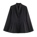 Women's Slim Fit Polyester Blazer Jacket Stand Collar Pleated Hem Ruffle Peplum Blazer Office Lady Long Sleeve Single Breasted Casual Outerwear