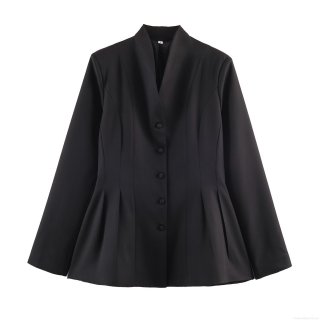 Women's Slim Fit Polyester Blazer Jacket Stand Collar Pleated Hem Ruffle Peplum Blazer Office Lady Long Sleeve Single Breasted Casual Outerwear