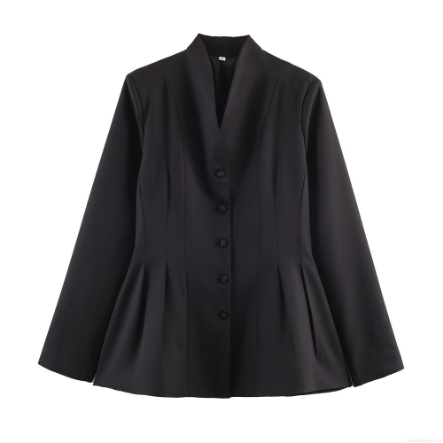 Women's Slim Fit Polyester Blazer Jacket Stand Collar Pleated Hem Ruffle Peplum Blazer Office Lady Long Sleeve Single Breasted Casual Outerwear