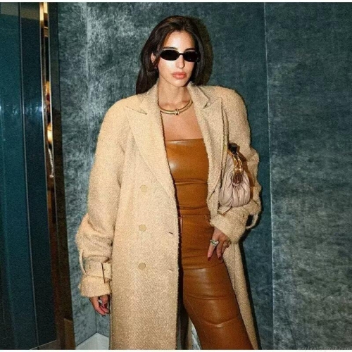 Women's Elegant Lamb Wool Texture Long Coat With Metal Buckle Belt Double Breasted Thick Polyester Faux Leather Warm Overcoat Jacket For Winter Daily Date Lady Fashion Clothing