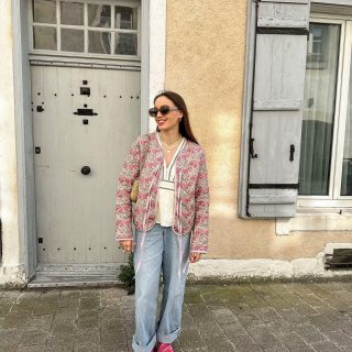 Women Retro Floral Quilted Jacket V-Neck Tie Front Long Sleeve Cotton Padded Coat Bohemian Pink Rose Print Outerwear For Women Casual Daily Vacation Fashion Light Padded Cardigan