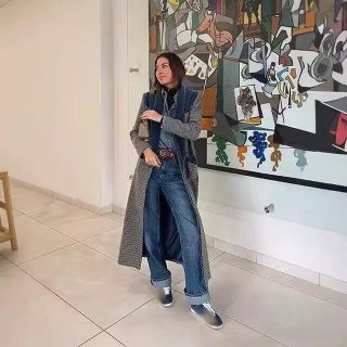 Vintage Plaid Long Wool Coat Women Elegant Velvet Patchwork Lapel Overcoat Autumn Winter Loose Fit Outerwear