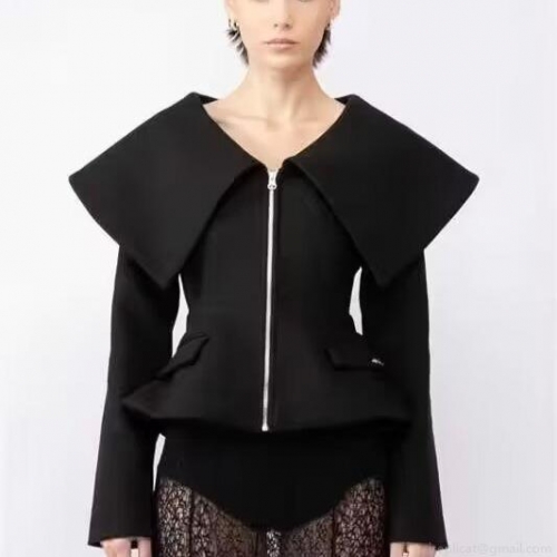 Women's Elegant Solid Black Short Jacket Big Lapel Peplum Hem Woolen Style Slim Fit Zipper Coat Long Sleeve Outerwear For Party Daily Office