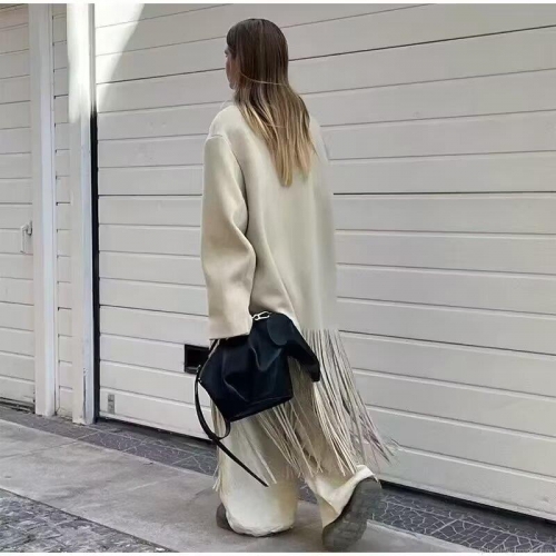 Women's British Style Long Woolen Coat With Fringe Tassel Decor Suit Collar Loose Fit Extra Long Trench Coat Outerwear For Autumn Winter