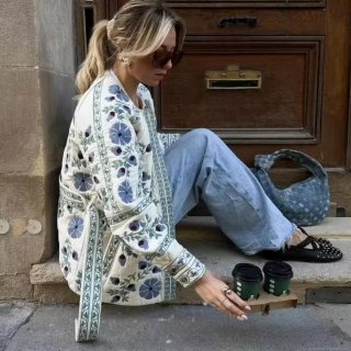 Women's Floral Embroidered Quilted Jacket With Belt Mid-length Long Sleeve Warm Cotton-padded Coat For Daily Wear Casual Fresh Style Outerwear