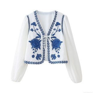 Vintage Ethnic Embroidered Short Cardigan Women Long Sleeve Tie-Front V-Neck White Jacket With Blue Floral Embroidery Retro Casual Autumn Outerwear
