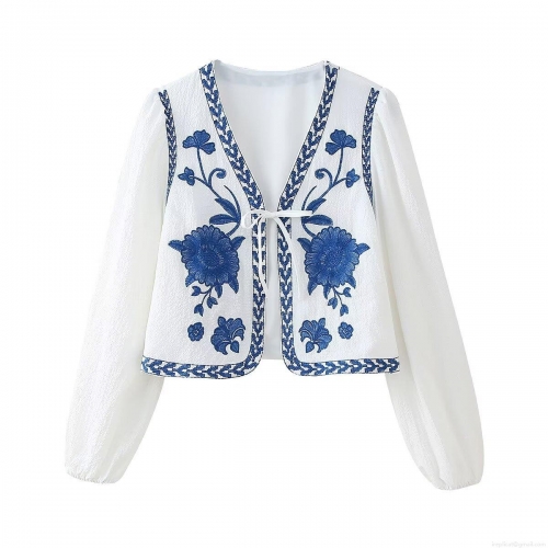 Vintage Ethnic Embroidered Short Cardigan Women Long Sleeve Tie-Front V-Neck White Jacket With Blue Floral Embroidery Retro Casual Autumn Outerwear
