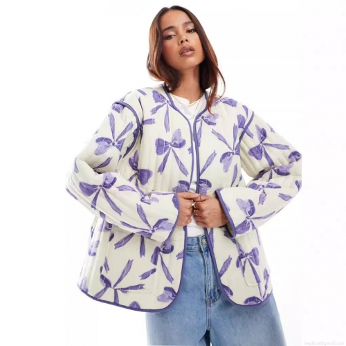 Women's Quilted Cotton Jacket 100% Polyester Cute Bow Print Puffer Coat Loose Warm Outerwear With Purple Trim For Daily Casual Sweet Style