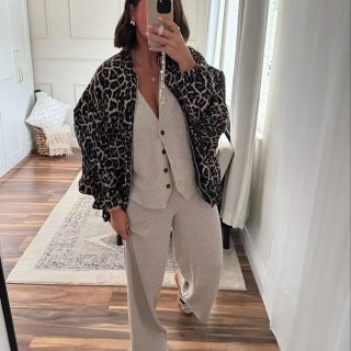Women Leopard Print Polyester Jacket Vintage Stand Collar Zipper Casual Outwear Retro Long Sleeve Loose Baseball Uniform For Autumn Winter Streetwear
