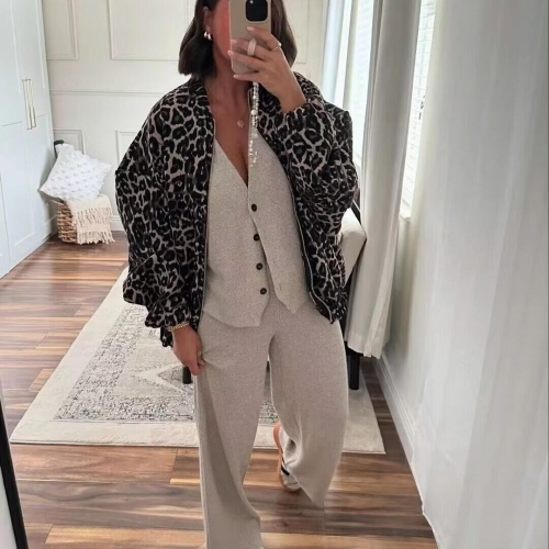 Women Leopard Print Polyester Jacket Vintage Stand Collar Zipper Casual Outwear Retro Long Sleeve Loose Baseball Uniform For Autumn Winter Streetwear