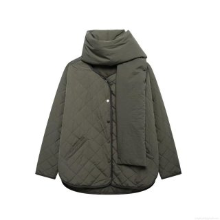 Women's Casual Loose Diamond Quilted Jacket With Matching Scarf Lightweight Polyester Puffer Coat Olive Green Solid Long Sleeve Outerwear For Autumn Winter