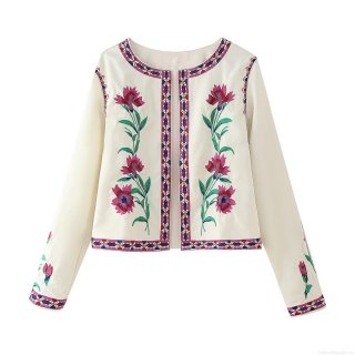 Women's Vintage Embroidered Short Jacket 100% Polyester Long Sleeve Round Neck Outwear Bohemian Floral Pattern Single Breasted Cardigan Coat For Autumn Winter Fashion
